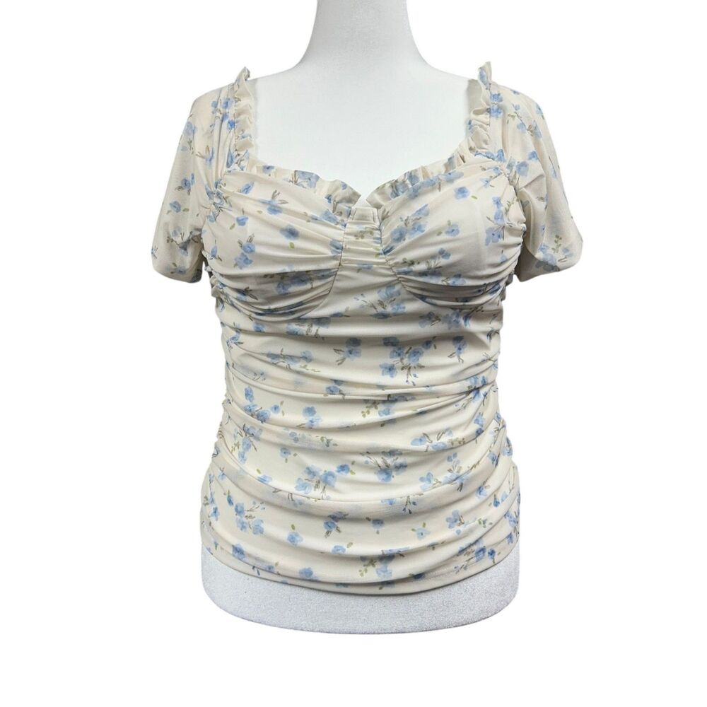 Talent Coquette Floral Ruched Mesh Cottage Blouse Sz 2X Cream